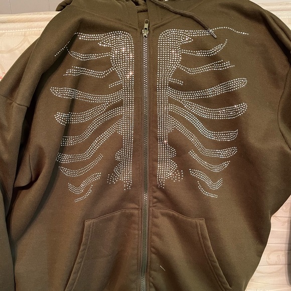Bedazzled dark green skeleton zip up sweater - size L/XL - Picture 1 of 4
